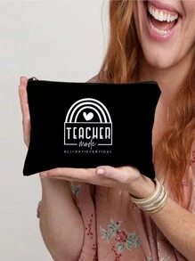 Rainbow Heart TEACHER 印花寬敞化妝包拉鍊 - 完美旅行配件收納袋，簡約休閒輕便可折疊，婚禮派對節日禮品袋，便攜式旅行儲物袋，適合女士男士旅行、商務旅行、購物、感恩節聖誕禮物