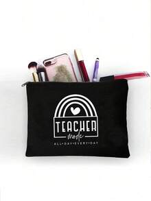 Rainbow Heart TEACHER 印花寬敞化妝包拉鍊 - 完美旅行配件收納袋，簡約休閒輕便可折疊，婚禮派對節日禮品袋，便攜式旅行儲物袋，適合女士男士旅行、商務旅行、購物、感恩節聖誕禮物