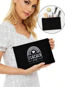 Rainbow Heart TEACHER 印花寬敞化妝包拉鍊 - 完美旅行配件收納袋，簡約休閒輕便可折疊，婚禮派對節日禮品袋，便攜式旅行儲物袋，適合女士男士旅行、商務旅行、購物、感恩節聖誕禮物