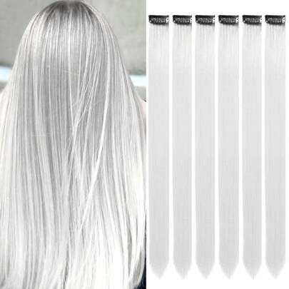 6 PCS Colored Clip in Hair Extensions Party Highlights 20 Inch White Long Straight Hairpieces Clip in Synthetic, Halloween Cosplay Dress Up Fashion Party Christmas New Year Gift for Women Kids Girls(White)