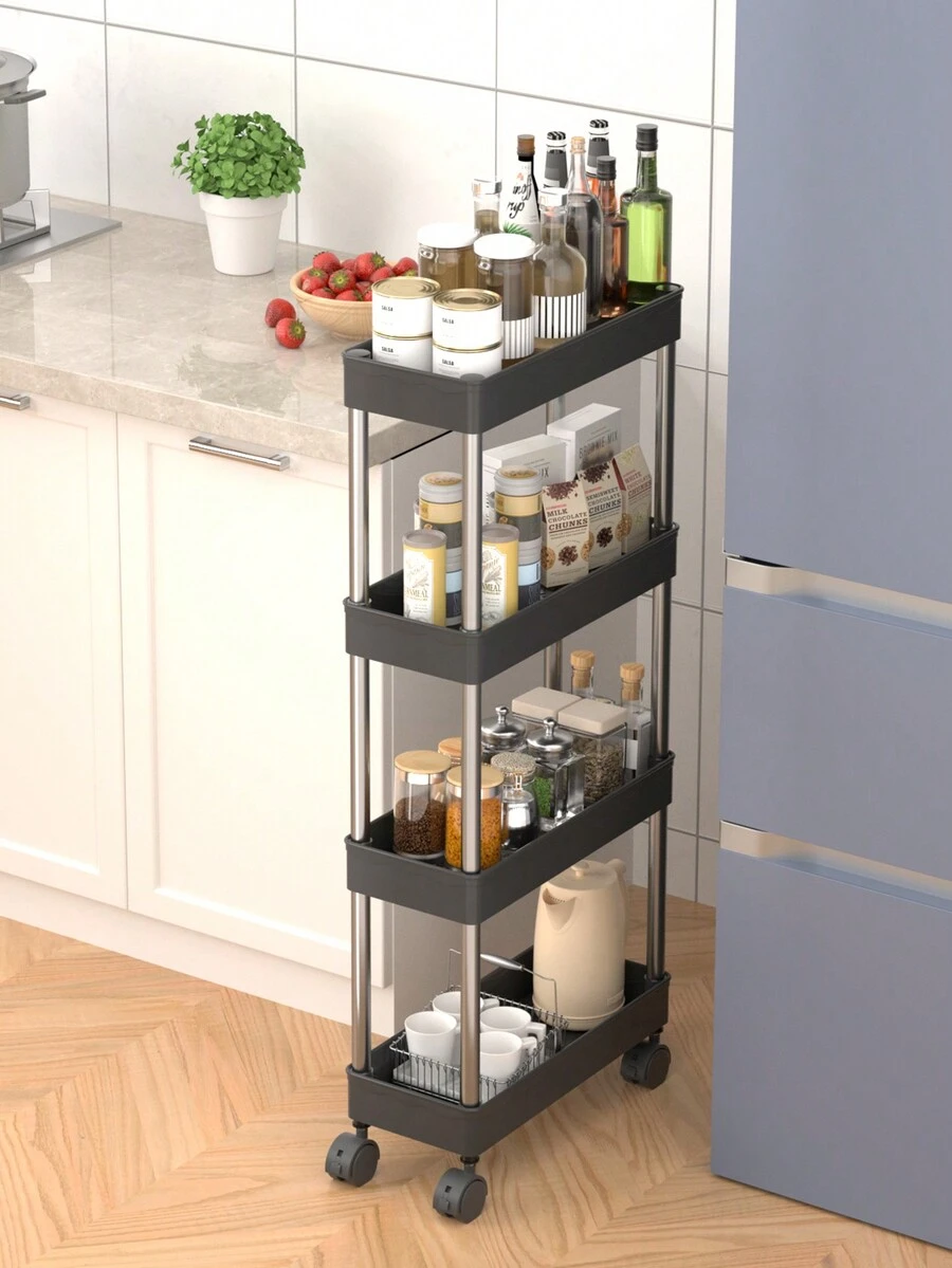 1 Pieza Estante De Almacenamiento Portátil De Plástico Con 4 Niveles Con Ruedas Para Cocina Y Baño, Accesorio De Baño Multifuncional - Negro - Ver 1