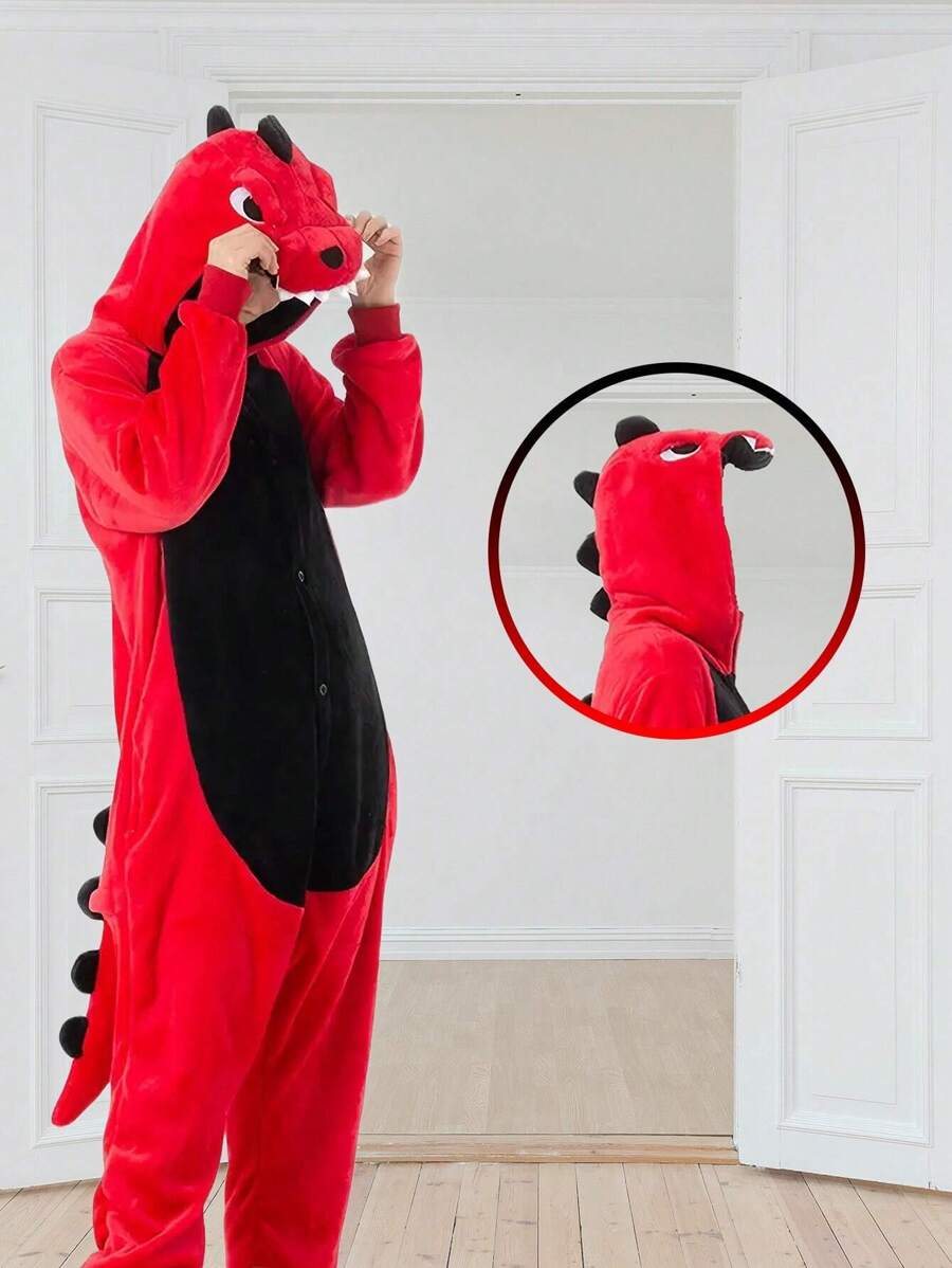Pijamas Kigurumi Dinosaurio Rojo Pijama Completa Mameluco Disfraz Unisex Halloween - Rojo - Ver 1