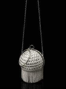 Mini Rhinestone Tassel Handheld Evening Bag, Glamorous Rhinestone Bag - Silver - View 4