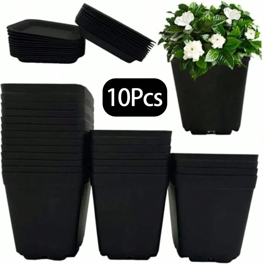 10pcs Colorful Square Plastic Planting Pots, For Home Garden Nursery - Black - View 1