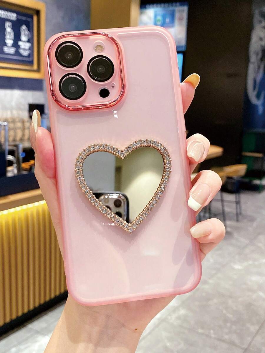 1顆鑲鑽金邊愛心鏡子+透明粉色/粉紅色保護殼，眼睛保護，相機保護，防摔手機殼，適用於蘋果/三星/小米/紅米/OPPO/Vivo - 淺粉色 - 查看 1