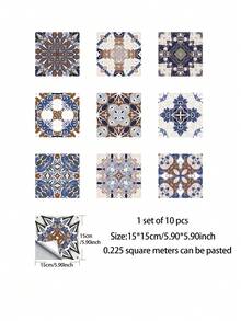 1set 10pcs Self-adhesive & Removable Pvc Kitchen Sticker, European Vintage Floral Pattern Square Waterproof Wall Decal For Home Decor - Multicolor - View 3