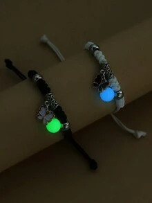 2 件/套發光球和心形鑰匙鏈編織蠟繩手鍊適合情侶,男女通用星星和蝴蝶設計可調節腕帶,情人節禮物 - 彩色 - 查看 13