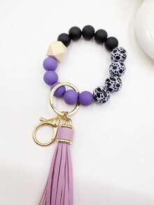 1入組木珠&橡膠塗層珠&pu流蘇裝飾鑰匙扣,手鐲