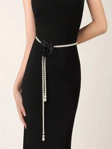 Cross-Border Camellia Flower & Faux Pearl Beaded Bracelet Waist Chain Set, Multicolor Flower Design Simple Belt For Dress Decoration - Camellia - View 2