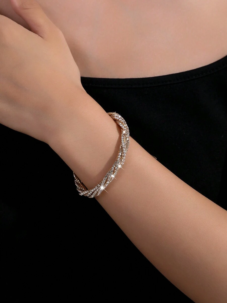 1pc Multilayer Crossed Rhinestone Decor Bracelet For Women, Sparkling And All-match - Yellow Gold - View 1