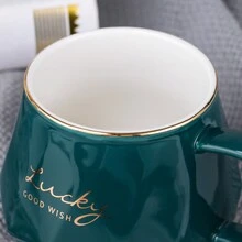 1 Pieza, 450ml Taza De Cerámica Con Tapa De Corona Y Diseño En Inglés, Incluye Tapa Y Cuchara, Perfecto Para Regalo, Taza De Bebida De Alta Calidad Para El Hogar - Verde - Ver 4