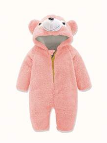 男婴秋冬季加绒连帽连体衣，可爱小熊图案，保暖加厚 - 粉色 - 查看 3