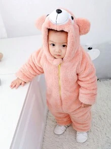 男婴秋冬季加绒连帽连体衣，可爱小熊图案，保暖加厚 - 粉色 - 查看 1