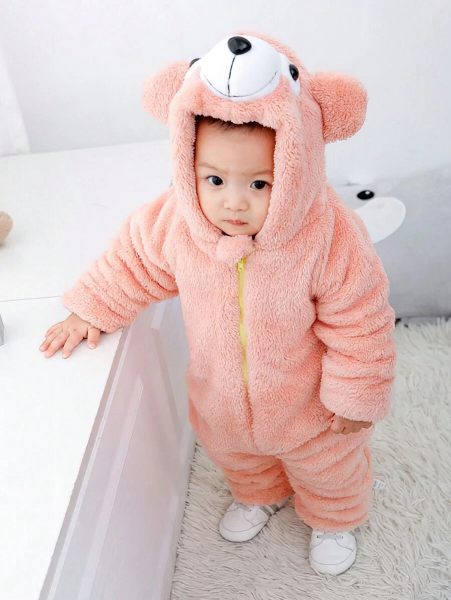男婴秋冬季加绒连帽连体衣，可爱小熊图案，保暖加厚 - 粉色 - 查看 1