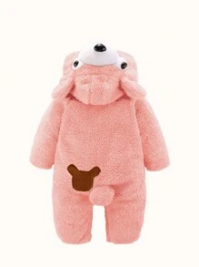 男婴秋冬季加绒连帽连体衣，可爱小熊图案，保暖加厚 - 粉色 - 查看 4