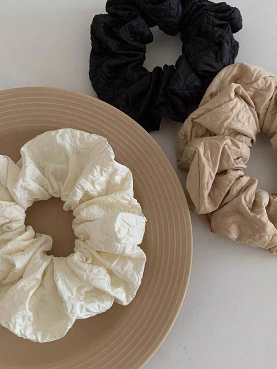 3pcs/set Retro & Simple Solid Color Pleated Hair Scrunchies, Suitable For Daily Use - Multicolor - View 1