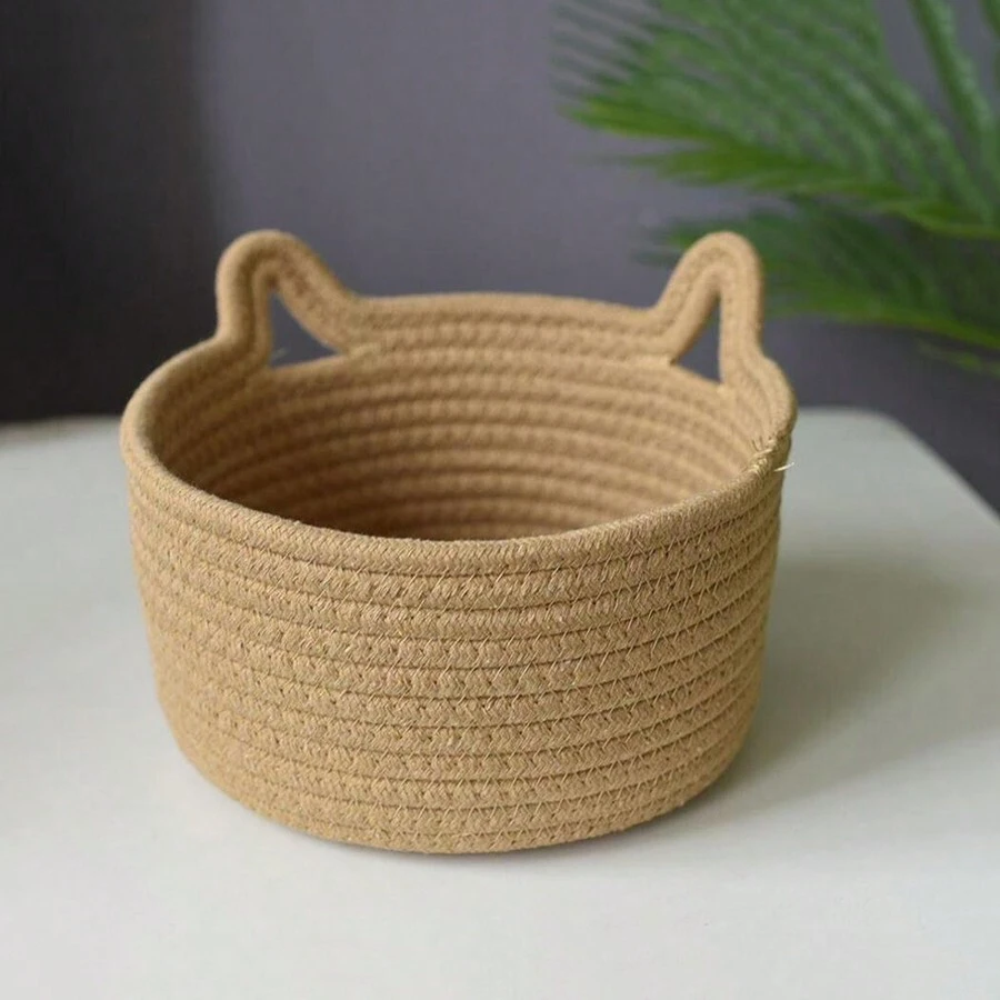 1 Pieza Organizador De Escritorio Con Orejas De Gato, Cesto De Almacenamiento Hecho A Mano Con Diseño De Dibujos Animados Para Las Llaves De La Sala De Estar/accesorios De Almacenamiento De Cuerda - Caqui - Ver 1