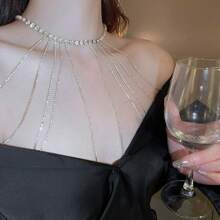 1pc Rhinestone Inlaid Long Necklace, Bridal Gown Exaggerated Tassel Shoulder Chain Combined With Body Chain Jewelry Harness Halloween