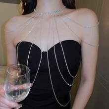 1pc Rhinestone Inlaid Long Necklace, Bridal Gown Exaggerated Tassel Shoulder Chain Combined With Body Chain Jewelry Harness Halloween