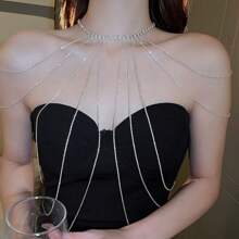 1pc Rhinestone Inlaid Long Necklace, Bridal Gown Exaggerated Tassel Shoulder Chain Combined With Body Chain Jewelry Harness Halloween