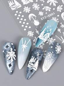 5d 雪聖誕指甲貼,2 件白色雪花冬季雪人浮雕融化雪聖誕樹設計 Diy 指甲貼花滑塊裝飾美甲用品 - 白色 - 查看 6