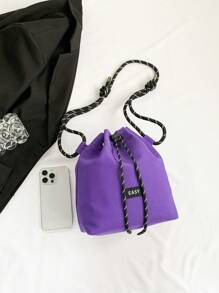 时尚水桶包女士尼龙布包轻便休闲抽绳水桶包粗绳单肩斜挎包 - 紫色 - 查看 5