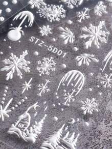 5d 雪聖誕指甲貼,2 件白色雪花冬季雪人浮雕融化雪聖誕樹設計 Diy 指甲貼花滑塊裝飾美甲用品 - 白色 - 查看 3