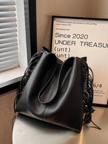 1pc Black Fringe Design High-end & Unique Style Large Capacity Fashion & Minimalist Shoulder Bag - Black - View 4