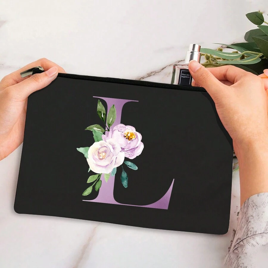 花卉字母l女士黑色化妝包,帶拉鍊的旅行化妝袋,適用於女婚禮伴娘,單品禮物