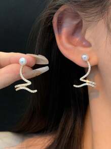 1pair Faux Pearl & Rhinestone Decor Threader Earrings, Suitable For Women's Daily Wear - Yellow Gold - View 1