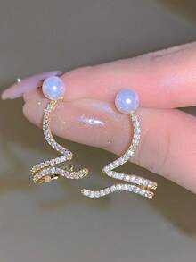 1pair Faux Pearl & Rhinestone Decor Threader Earrings, Suitable For Women's Daily Wear - Yellow Gold - View 3