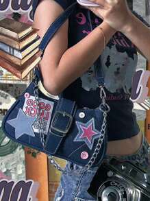 Y2k 十字裝飾腋下包,辣妹鏈條單肩包,時尚粉紅手袋皮夾 - 淺藍色 - 查看 2