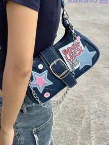 Y2k 十字裝飾腋下包,辣妹鏈條單肩包,時尚粉紅手袋皮夾 - 淺藍色 - 查看 3