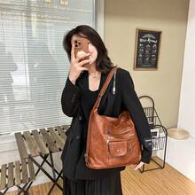 Bolso De Hombro Para Mujer De Un Solo Color Con Gran Capacidad - Marrón - Ver 5