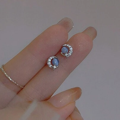 1 đôi bông tai hình ngôi sao và mặt trăng bằng đá mắt mèo màu xanh dương, đính pha lê lấp lánh, thiết kế tối giản thanh lịch, trang sức nổi bật mùa hè, hoàn hảo để đeo hàng ngày và làm quà tặng cho bạn gái, bạn thân, Ngày Valentine, Ngày của Mẹ.