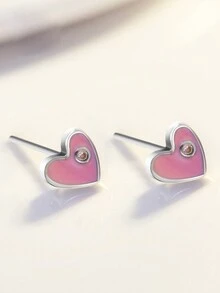 1pair Minimalist 925 Sterling Silver Pink Heart Stud Earrings For Sensitive Ears, Perfect Gift For Girls - YW0880 - View 5