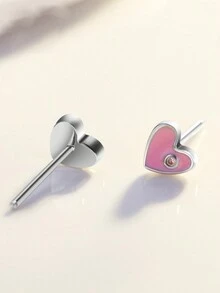 1pair Minimalist 925 Sterling Silver Pink Heart Stud Earrings For Sensitive Ears, Perfect Gift For Girls - YW0880 - View 4