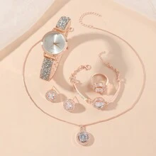 6pcs/Set Women's Fashion Round Crystal Dial Steel Strap Quartz Watch, Bracelet, Necklace, Earrings & Ring Set, Luxury Gift For Festivals