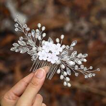 Unicra Flower Bride Wedding Hair Comb Silver Crystal Bridal Hair Accessories Pearl Hair Piece for Women and Girls - 銀色 - 查看 4