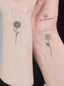 1pc Washable Temporary Tattoo Sticker With Simple & Elegant Wild Flower Design & English Phrase, Sweat Proof, Suitable For Fashionable People In Daily Life - Black - View 1