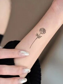 1pc Washable Temporary Tattoo Sticker With Simple & Elegant Wild Flower Design & English Phrase, Sweat Proof, Suitable For Fashionable People In Daily Life - Black - View 2