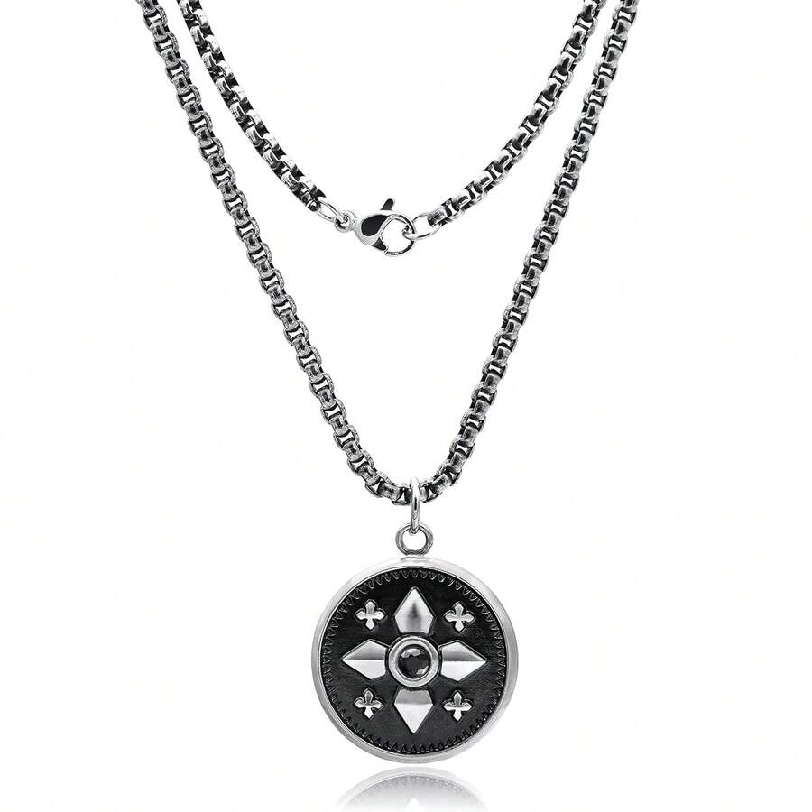 1條時尚不鏽鋼盒鏈項鍊,配以25*25毫米復古圓形指南針設計吊墜,黑色裝飾,適用於女性/男性 - 復古銀色 - 查看 1