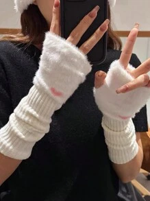 1對女士針織保暖臂套,帶有毛絨心形拼接設計,長半袖適合秋冬日常穿著。