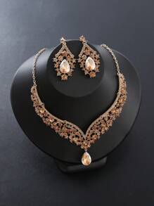 3入組女性新娘珠寶套裝,包括項鍊、耳環和手鍊,鍍合金和全鑲鑽飾,適合婚禮和晚禮服