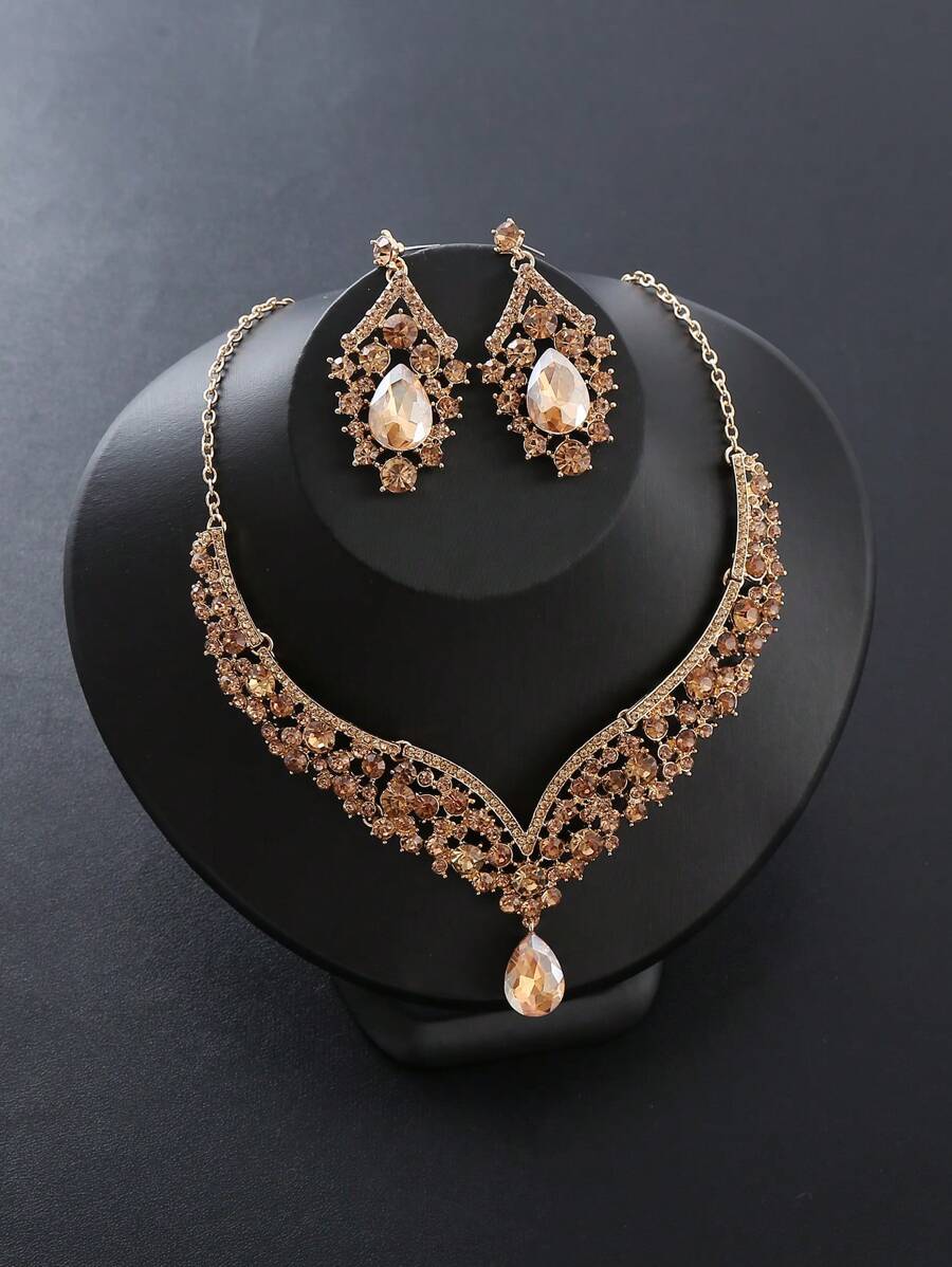 3入組女性新娘珠寶套裝,包括項鍊、耳環和手鍊,鍍合金和全鑲鑽飾,適合婚禮和晚禮服