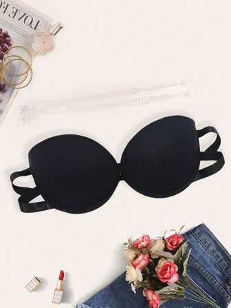 1pc Black Sheer Strap Silicone Non-Slip Gather Half Cup Balconette Bra, Party Wear
