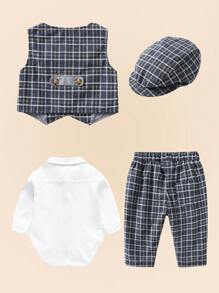 Đầm Bé Trai Bộ Đồ Dài Tay Quý Ông Xì Hơi Quần Áo Thắt Nơ Bộ Quần Áo Bốn Mảnh Cho Bé Một Tuổi - Màu xanh hải quân - Xem 2