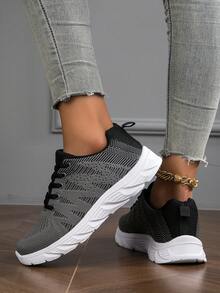 2023 Theo mùa Mới Thoáng khí Nhẹ Dệt kim Lưới Phong cách Đơn giản Coa dây Màu thuần Của phụ nữ Thể thao , Giải trí ,  chạy , Khỏe mạnh , Đường bộ & Giày đi bộ - Màu xám đen - Xem 6