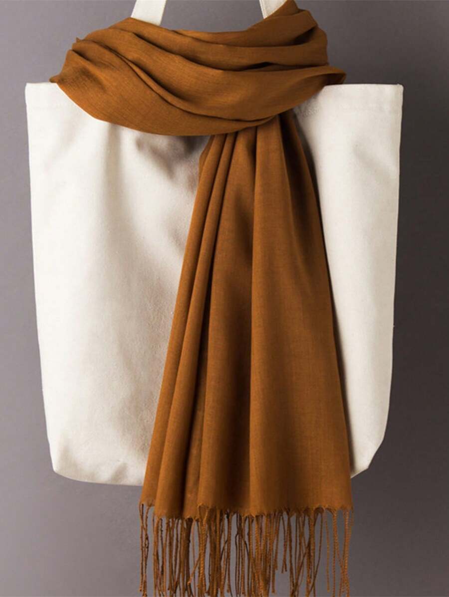 1件190*70cm经典纯色防风围巾披肩适合户外活动，男女通用，120g，流苏，适合空调房，超大尺寸，四季可用，纯色头巾，多种颜色可选：红色，粉色，黑色，白色，米色，黄色，蓝色，绿色，栗色，长方形围巾，女士新品配饰女士冬季秋季 - 駝色 - 查看 1