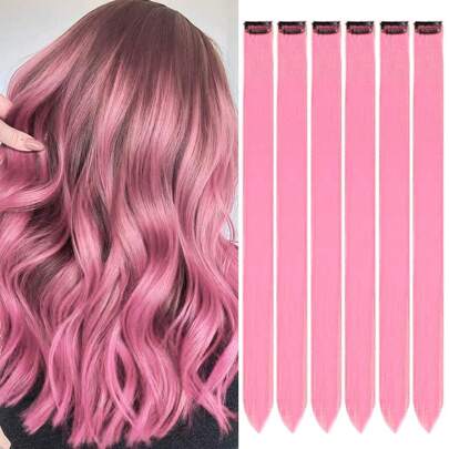 6pcs Colorful Clip-In Hair Extensions, Party Highlights, 20 Inch Pink Straight Hair Extensions, Clip-In Synthetic Wigs, Suitable For Halloween Costume, Christmas, New Year Gift, Women (Pink)